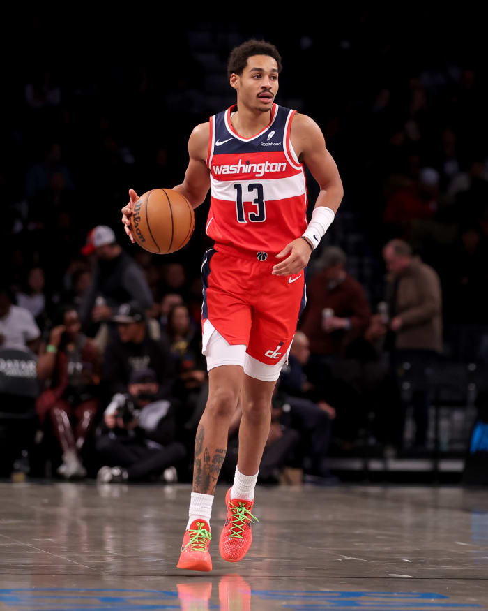 Washington Wizards guard Jordan Poole (13) brings the ball up court against the Brooklyn Nets during the third quarter at Barclays Center.